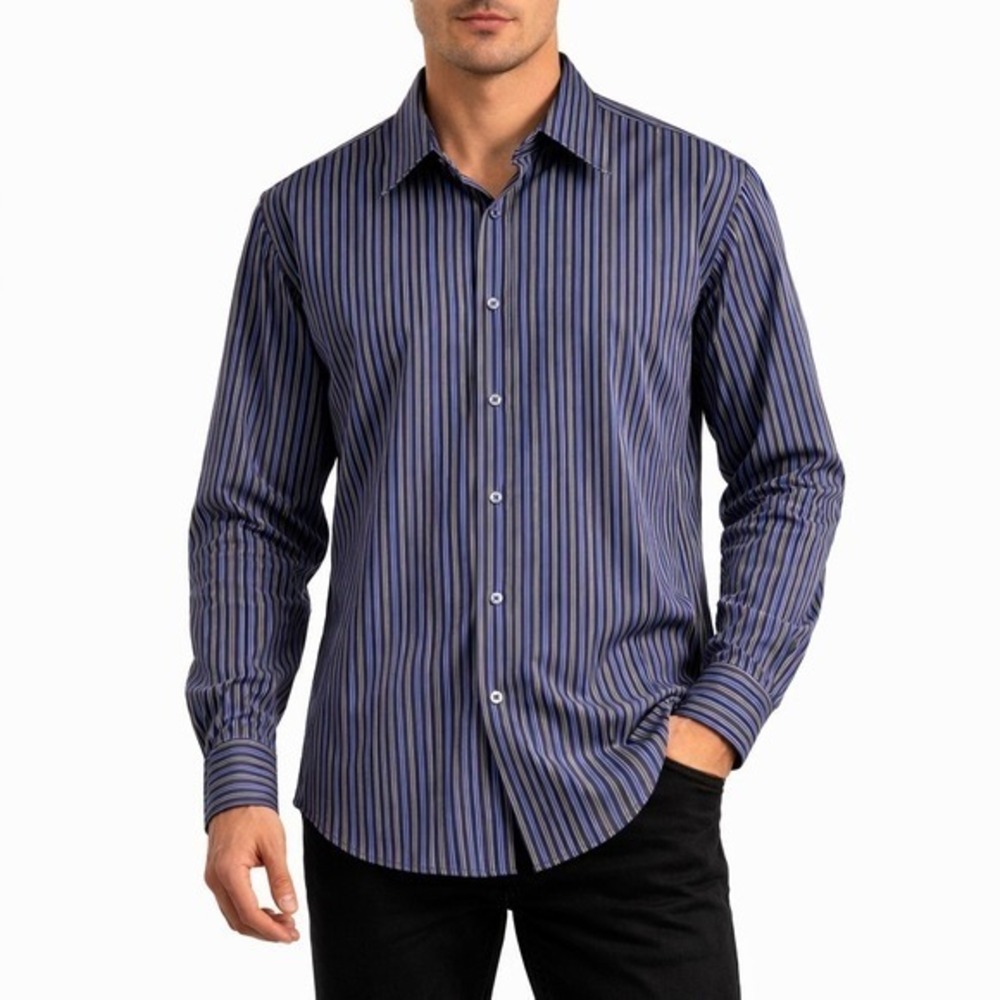 Geoffrey‎ Beene Striped Dress Shirt XL 17-17.5 Mens Long Sleeve Logo Tab